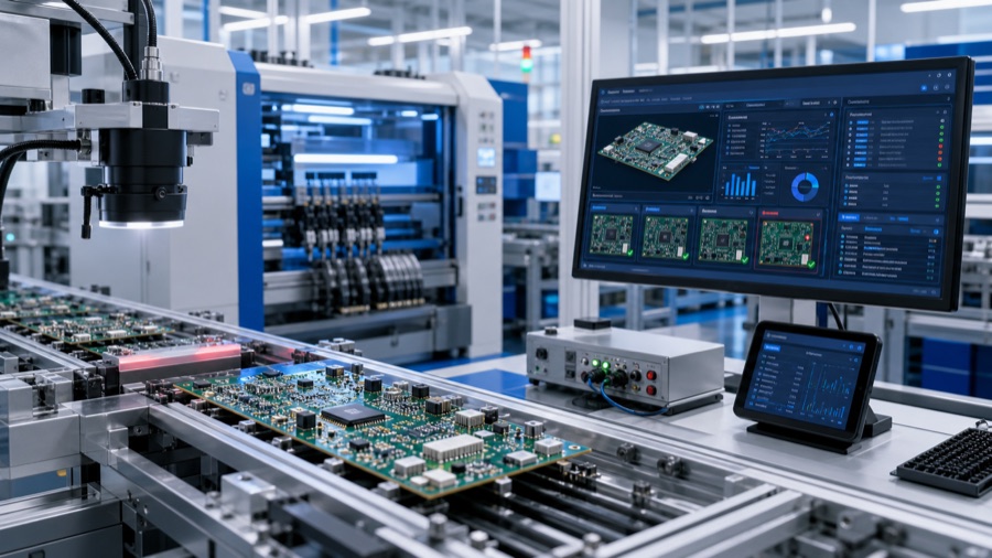 Electronics manufacturing line for inspection records and machine vision workflows